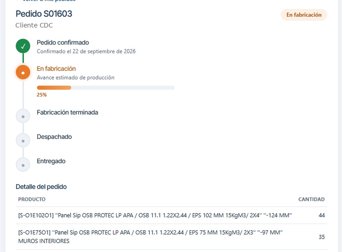 Estado del pedido y avance